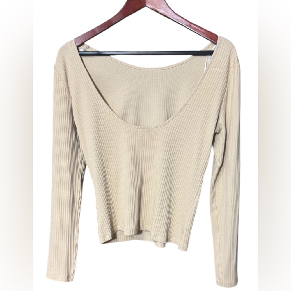Monki Open Back Top Ribbed Beige Cream Long Sleeve Size Medium